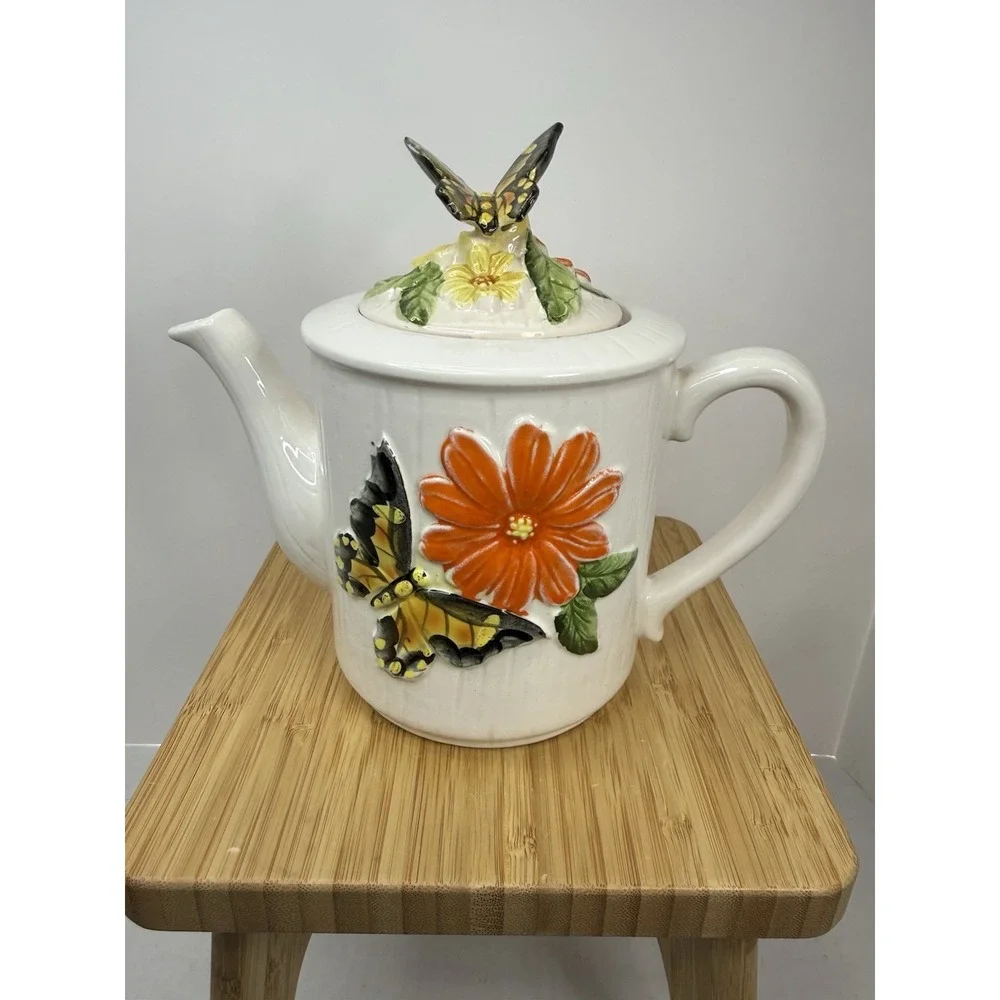 Vintage 70s Ceramic Butterfly Teapot Made‎ In Japan Flowers MCM